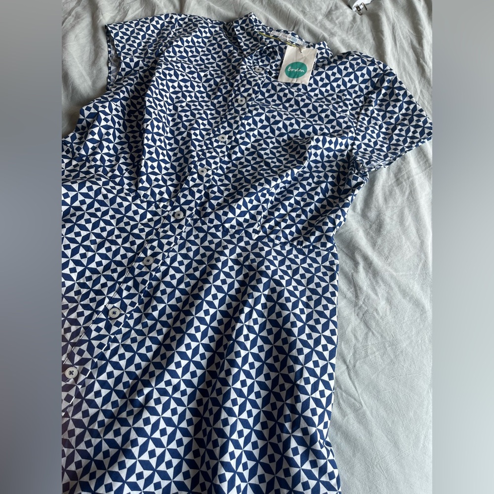 Boden Fit & Flare Geometric Pattern Shirt Dress size 10 Cotton Elastane Pockets